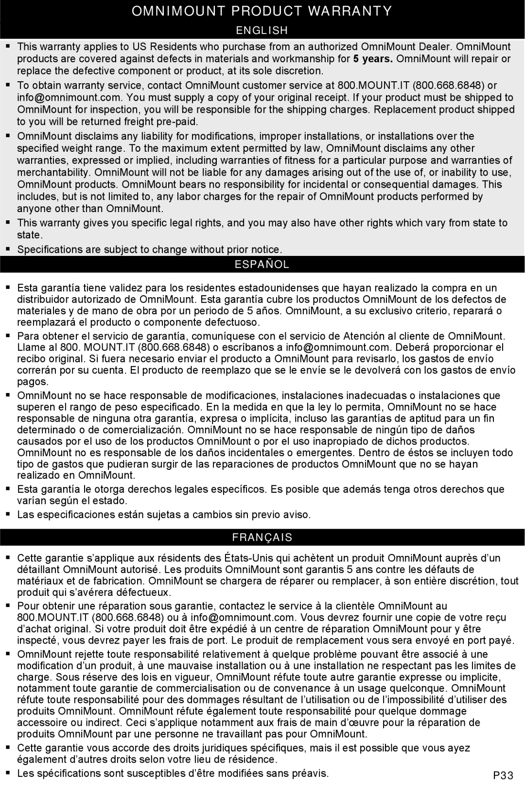 Omnimount MWFS, UL10021ULN instruction manual Omnimount Product Warranty, English, Español, Français 