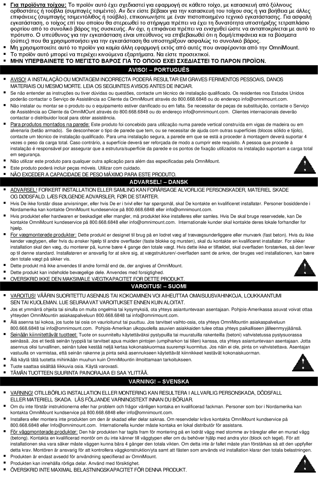 Omnimount MWFS, UL10021ULN instruction manual Aviso! - Português, Advarsel! - Dansk, Varoitus! - Suomi, Varning! - Svenska 