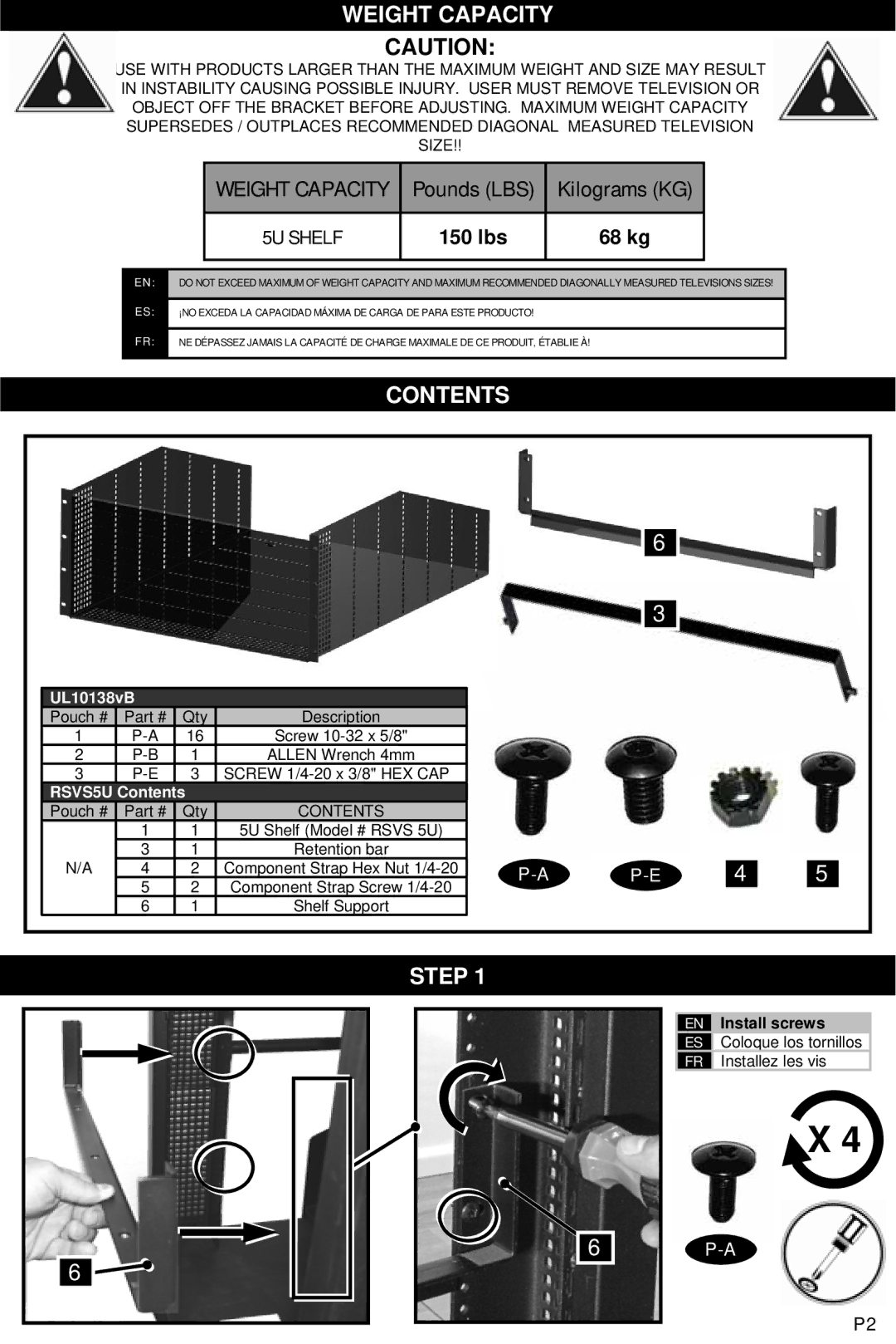 Omnimount UL10138, RSVS5U manual Weight Capacity, Contents, Step 