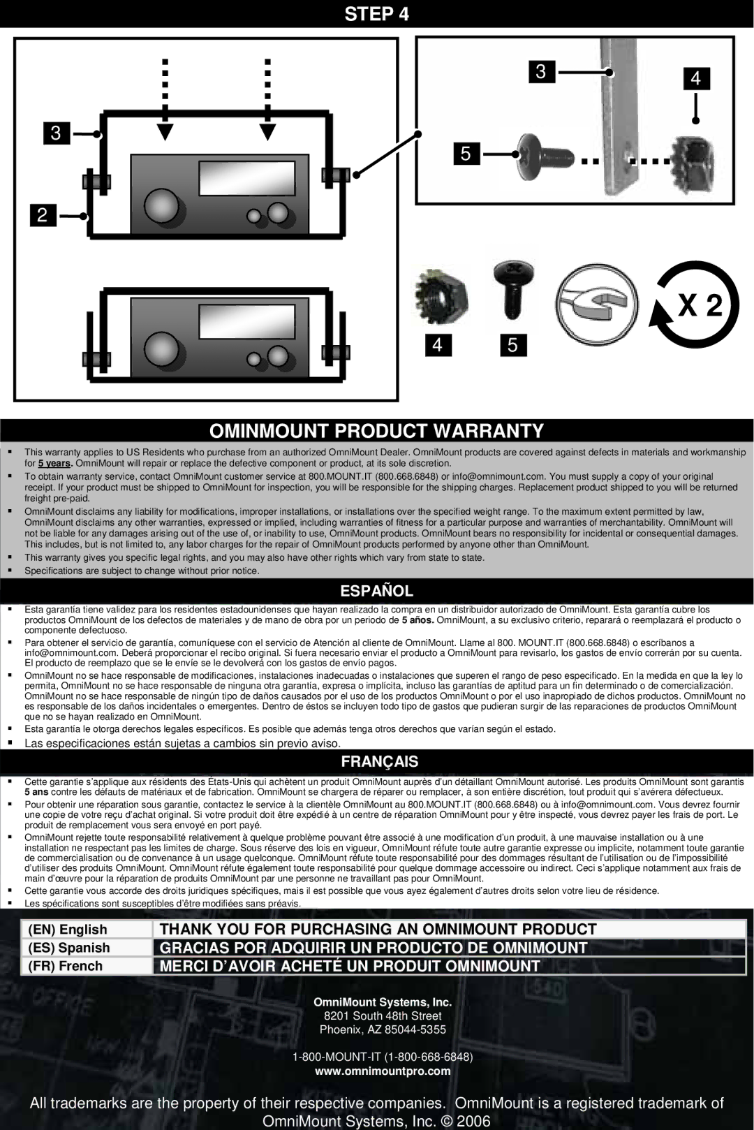 Omnimount UL10138, RSVS5U manual Step Ominmount Product Warranty, Español 