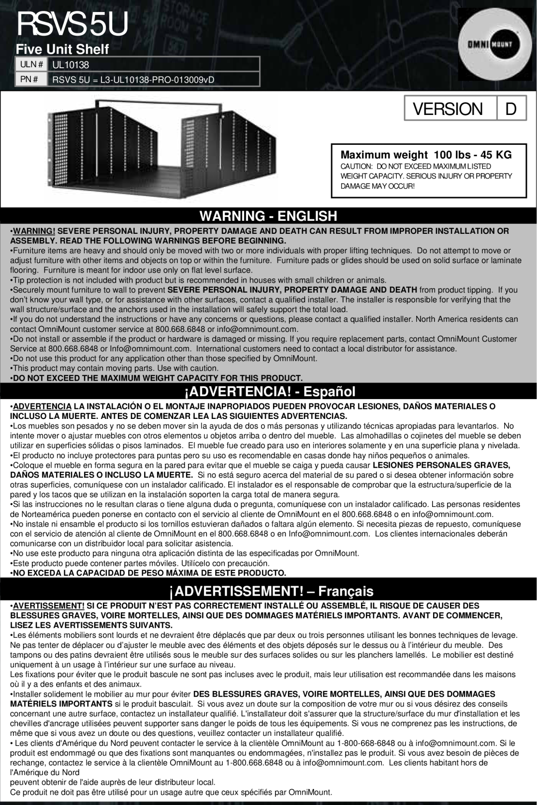 Omnimount RSVS5U manual Five Unit Shelf, Warning - English, ¡ADVERTENCIA! - Español, ¡ADVERTISSEMENT! - Français, RSVS 5U 