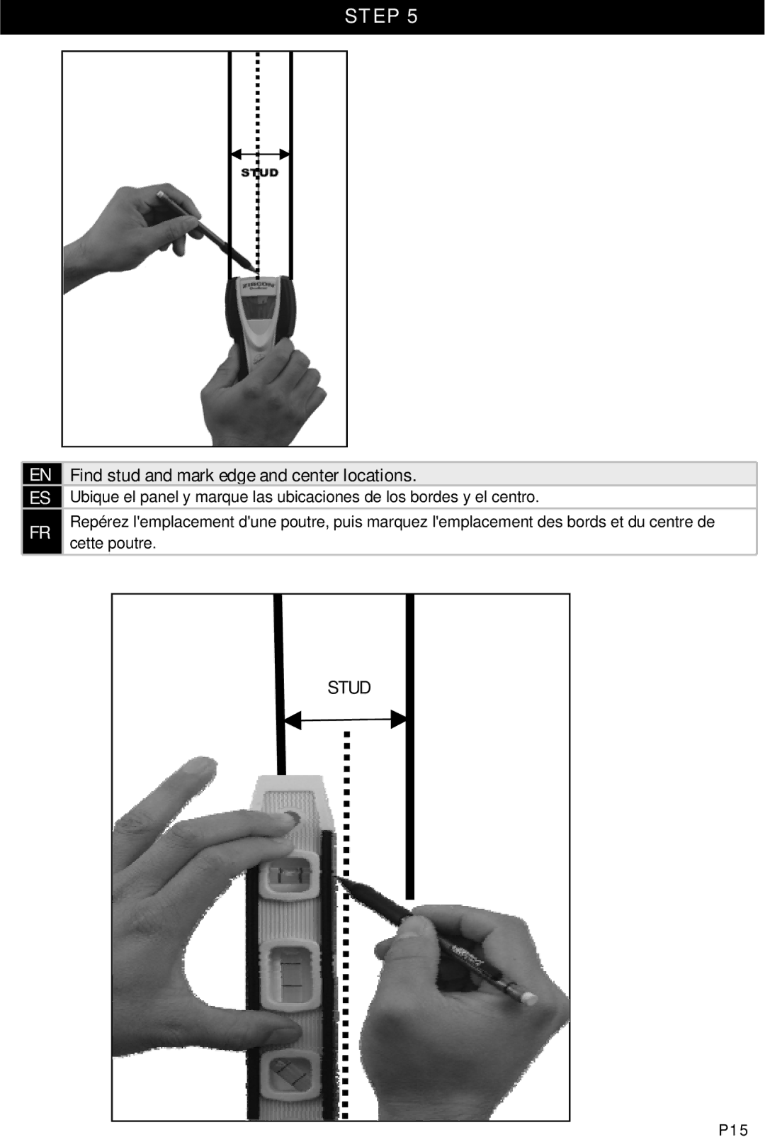 Omnimount UL10333 manual Find stud and mark edge and center locations, P15 