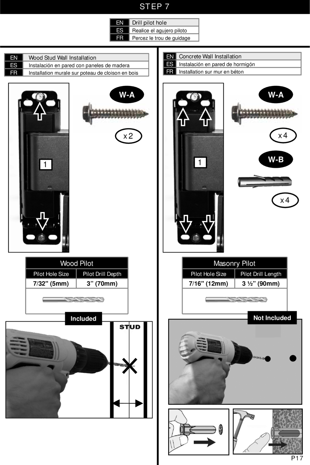 Omnimount UL10333 manual Wood Pilot, Masonry Pilot, P17 