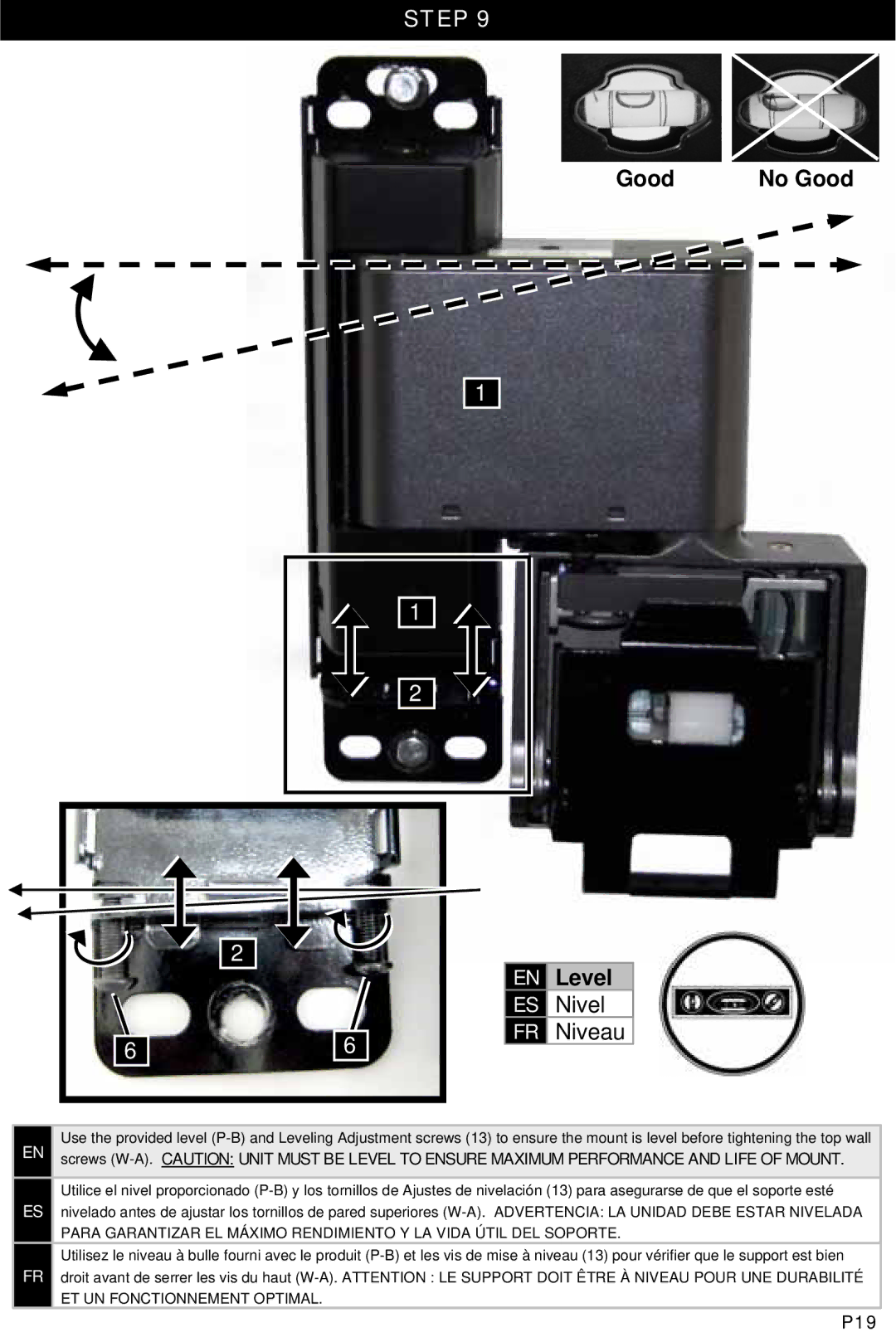 Omnimount UL10333 manual Good No Good Level, P19 