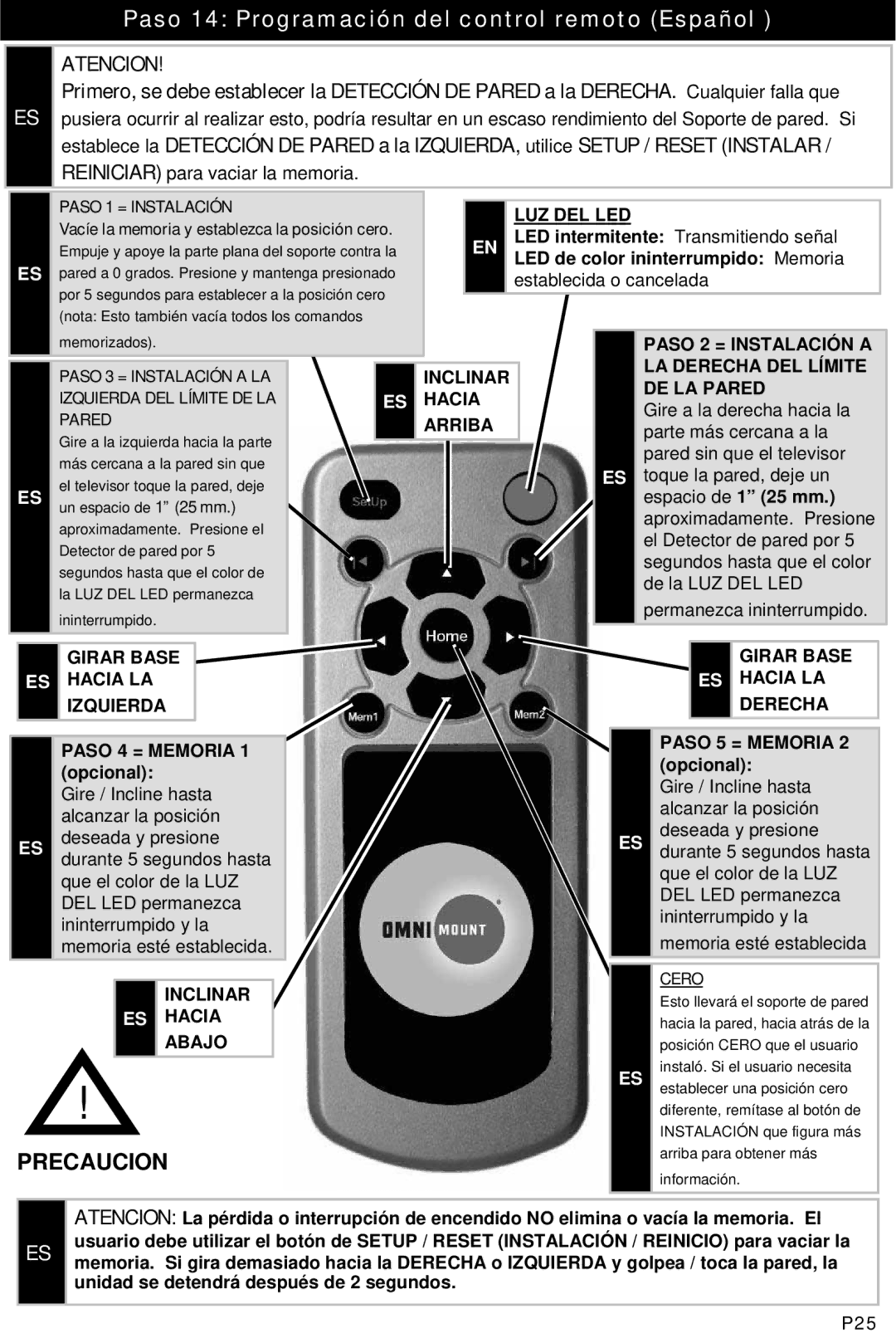 Omnimount UL10333 manual Paso 14 Programación del control remoto Español, LED de color ininterrumpido Memoria, Opcional 