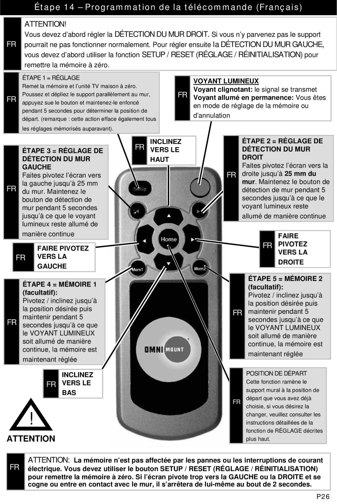 Omnimount UL10333 manual Étape 14 Programmation de la télécommande Français, Facultatif, P26 