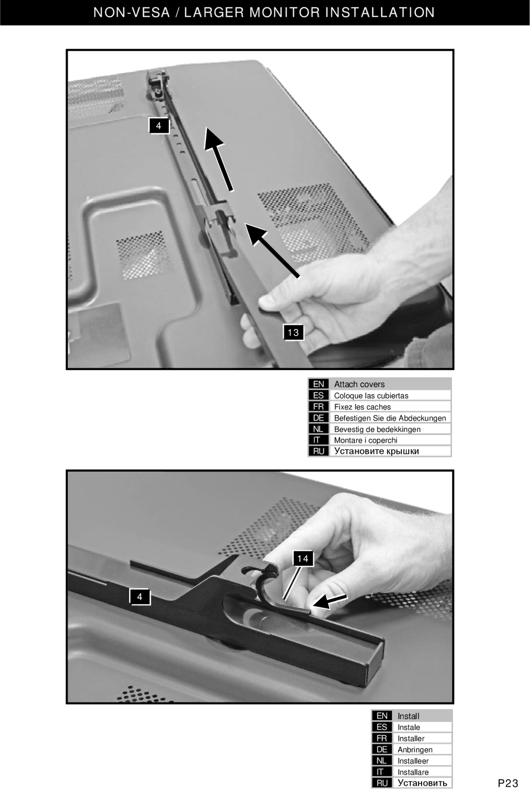 Omnimount Power55 manual Attach covers, Coloque las cubiertas, Fixez les caches, Befestigen Sie die Abdeckungen, Установить 