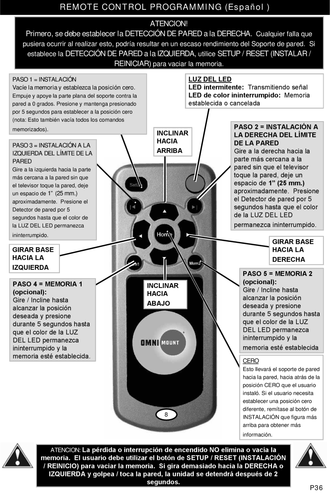 Omnimount UL10378, Power55 manual Remote Control Programming Español, Atencion 