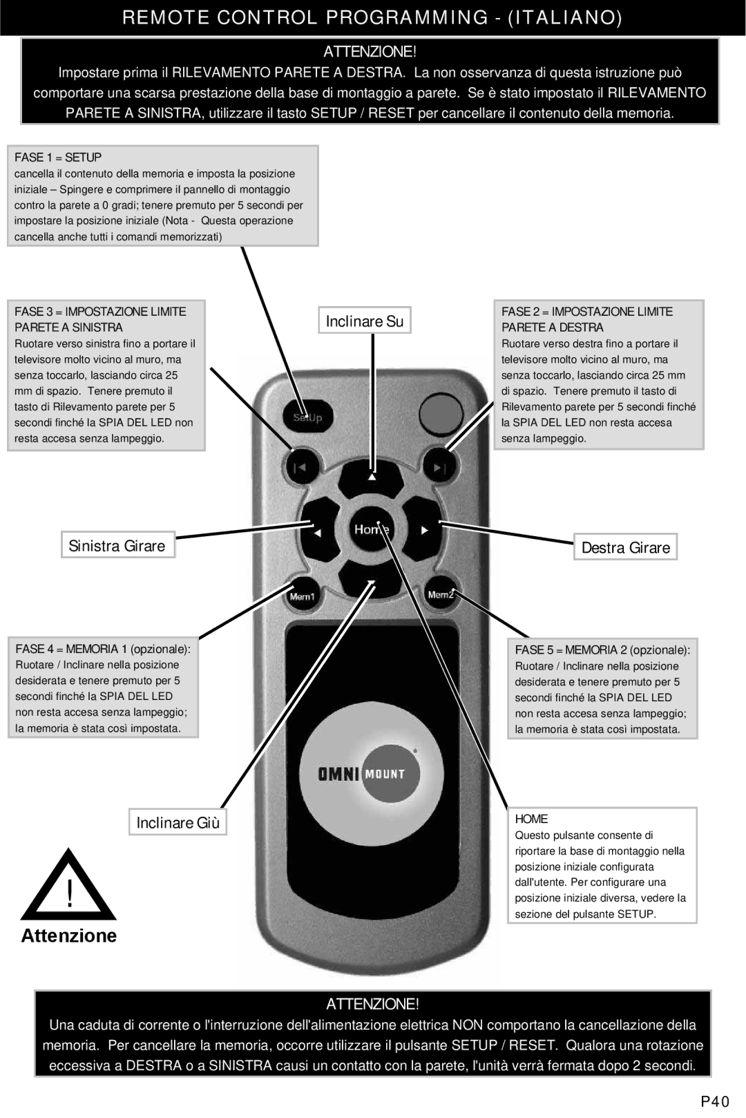 Omnimount UL10378, Power55 manual Remote Control Programming Italiano, Attenzione 