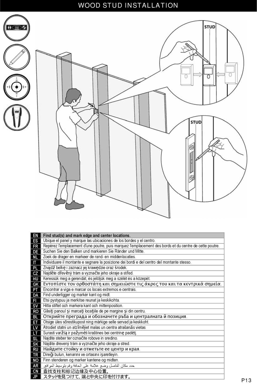 Omnimount OM1004282, ULPC-L manual Wood Stud Installation, Find studs and mark edge and center locations 