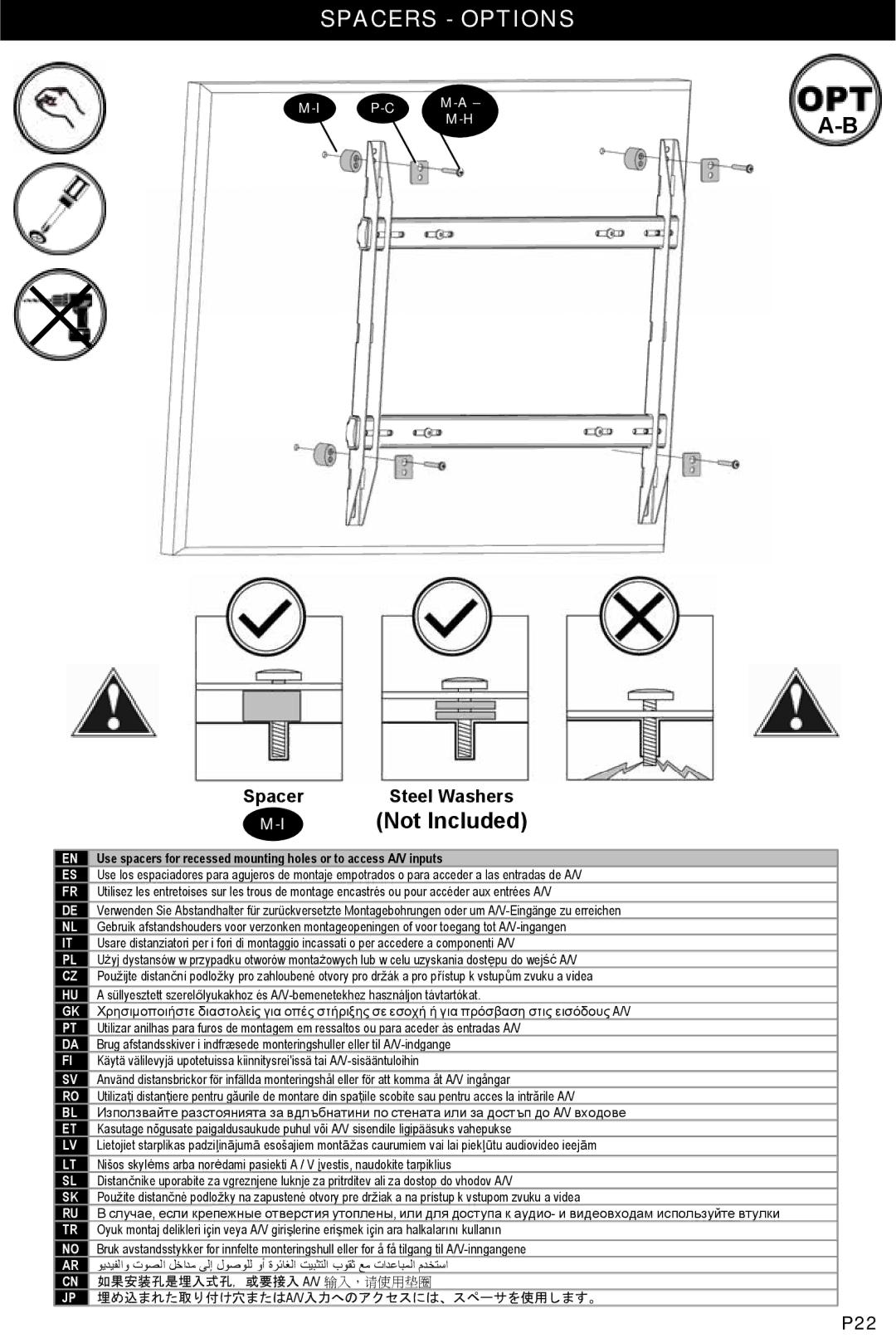 Omnimount ULPC-L, OM1004282 manual Spacers Options 