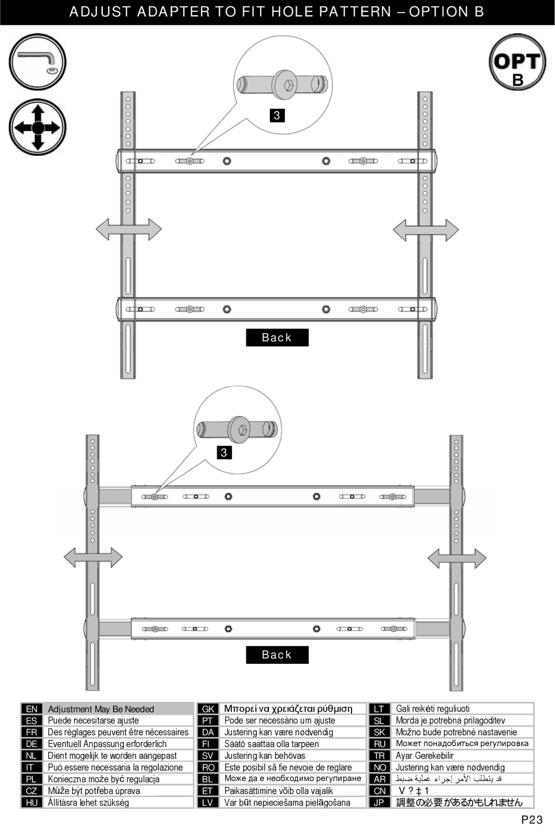 Omnimount OM1004282, ULPC-L manual Adjust Adapter to FIT Hole Pattern Option B, Adjustment May Be Needed 