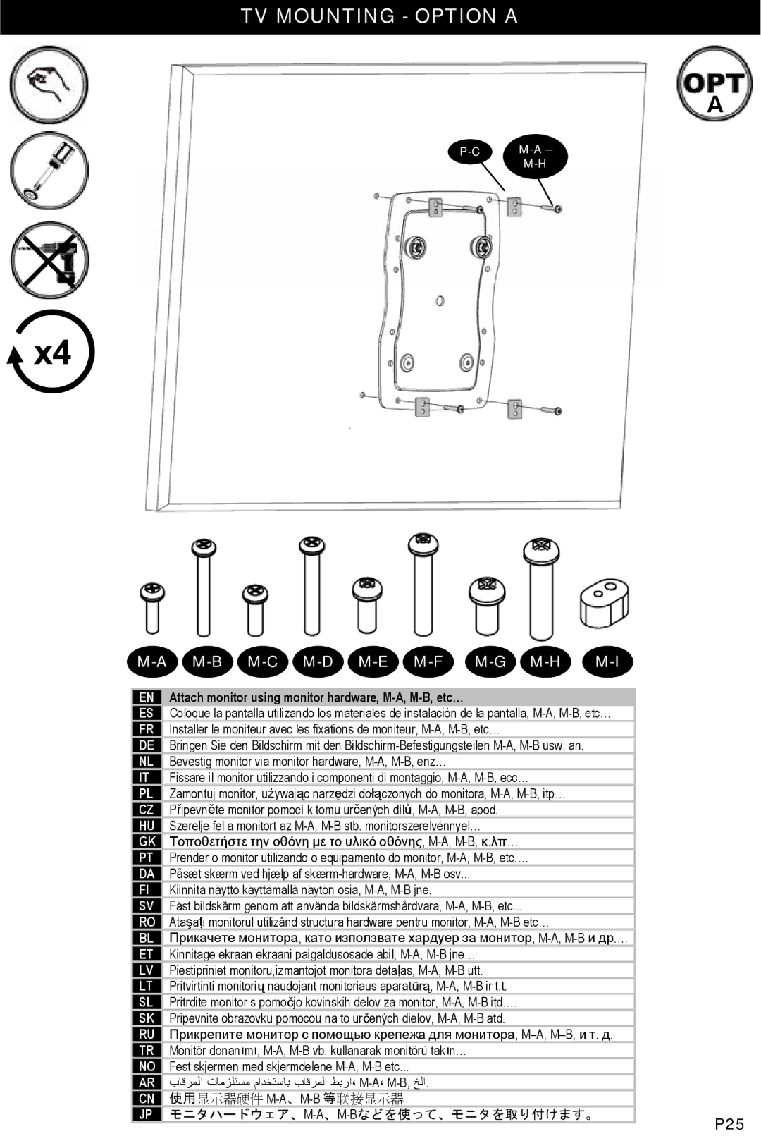 Omnimount OM1004282, ULPC-L manual TV Mounting Option a, Attach monitor using monitor hardware, M-A, M-B, etc… 