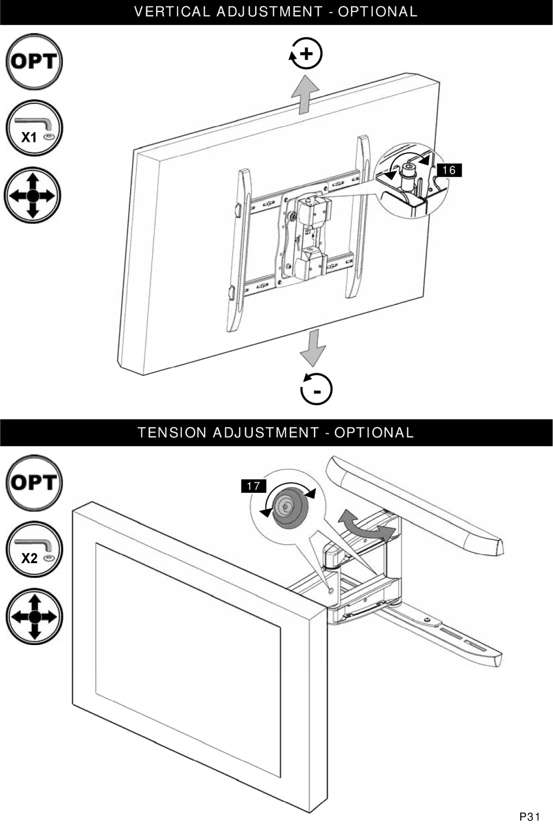 Omnimount OM1004282, ULPC-L manual Vertical Adjustment Optional Tension Adjustment Optional 