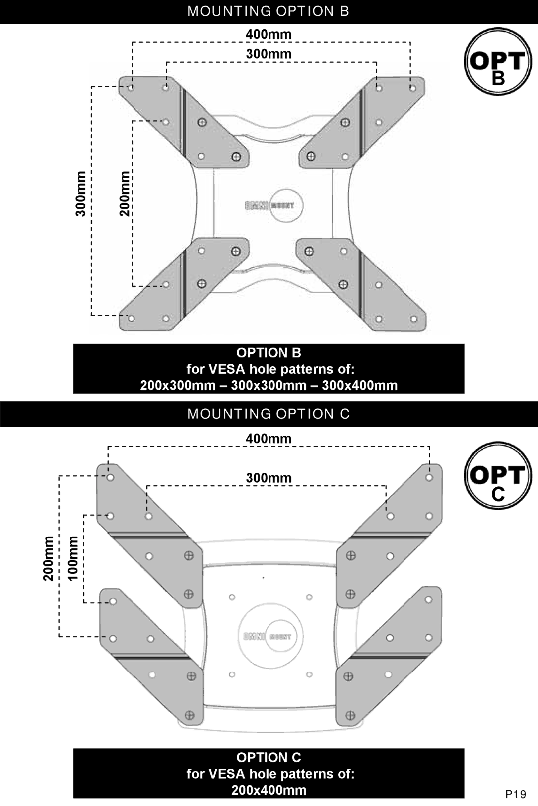 Omnimount OM1004283, ULPC-M manual Mounting Option B, Mounting Option C 