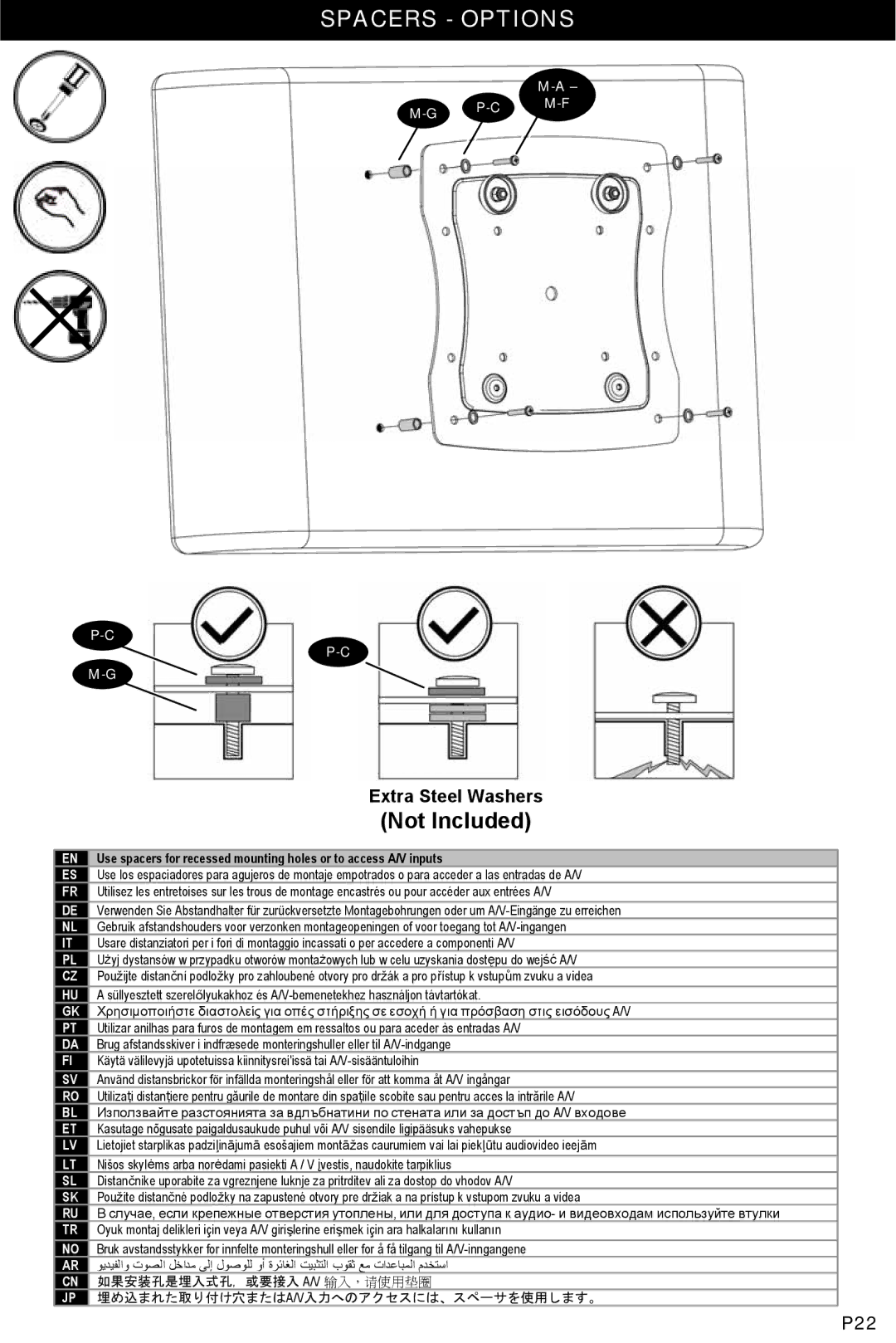 Omnimount ULPC-M, OM1004283 manual Spacers Options 