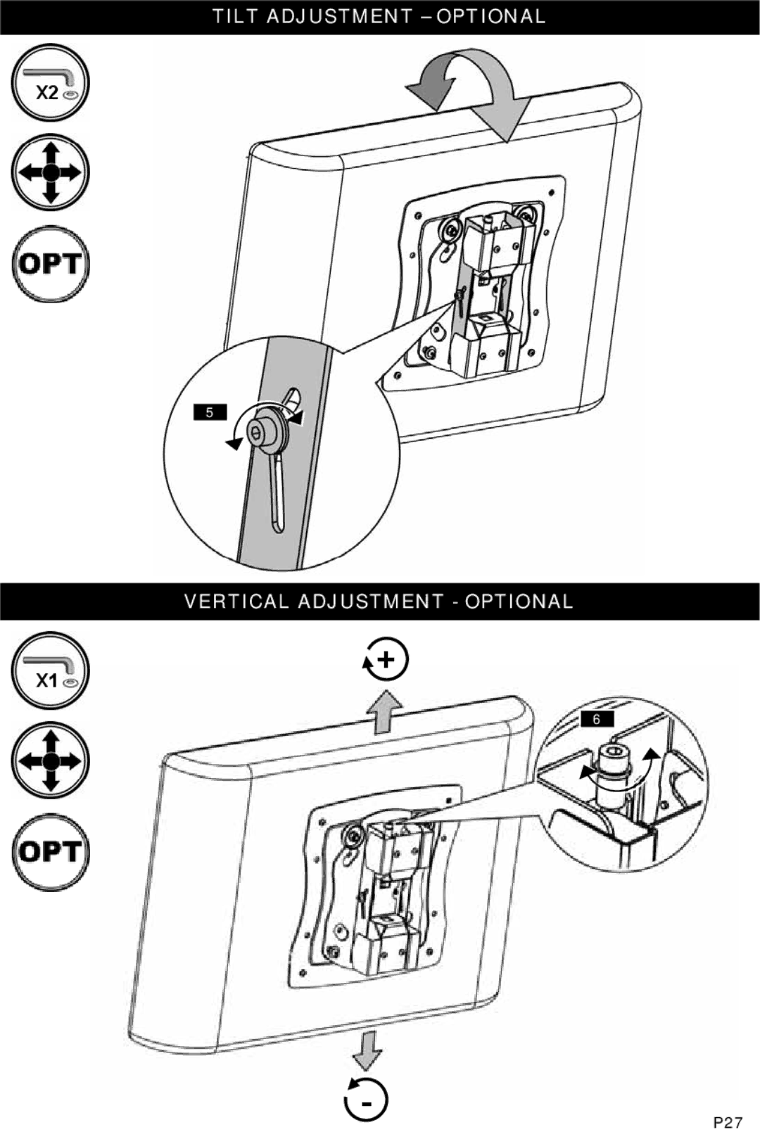 Omnimount OM1004283, ULPC-M manual Tilt Adjustment Optional Vertical Adjustment Optional 