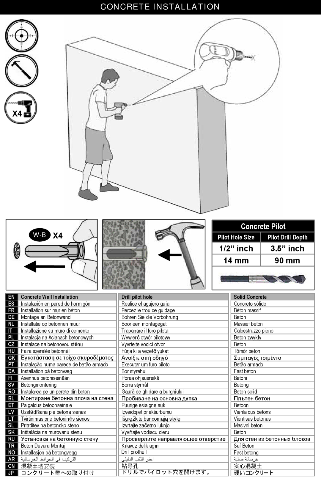 Omnimount OM1004107, ULPC-X manual コンクリート壁への取り付け, Solid Concrete 