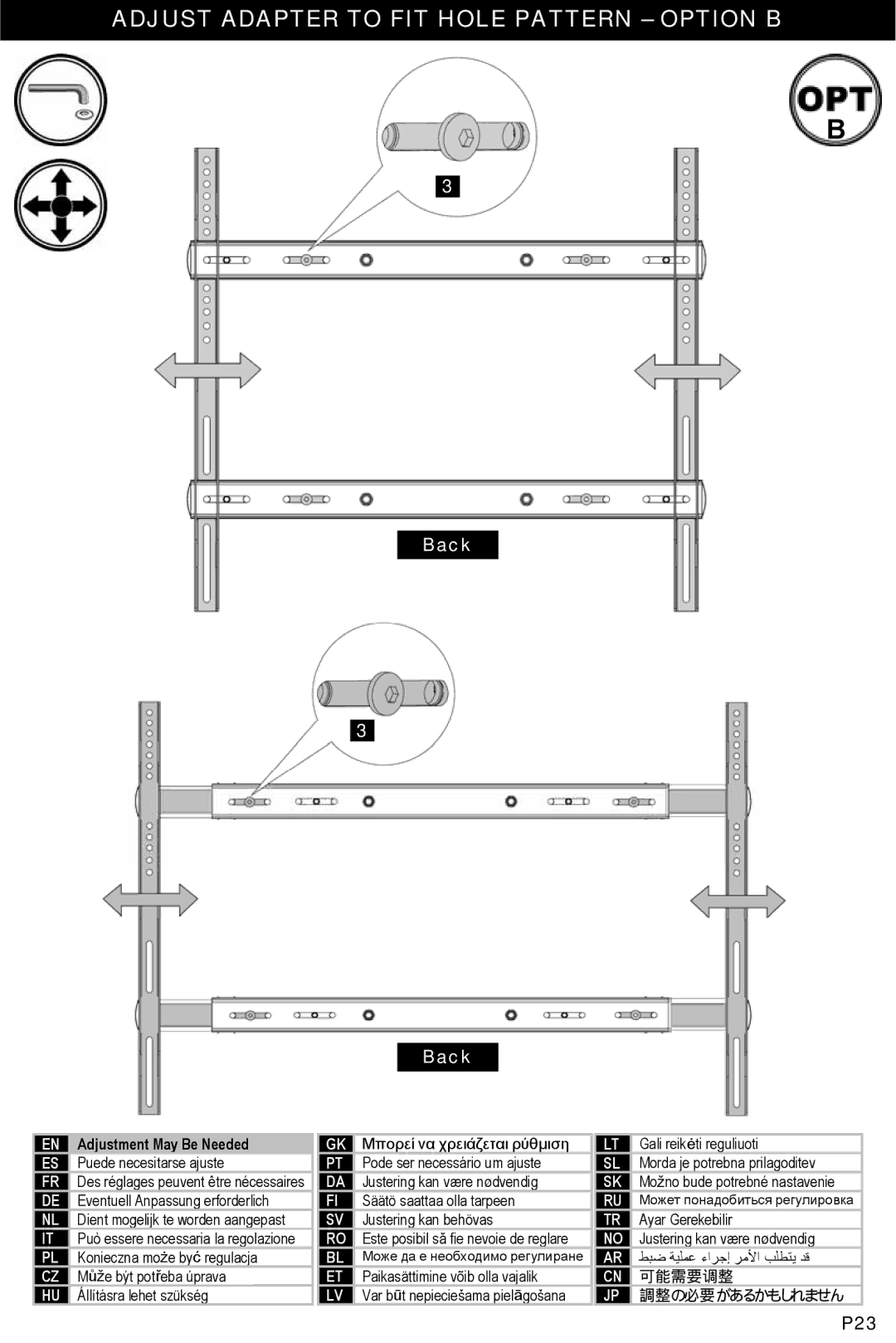 Omnimount OM1004107, ULPC-X manual Adjust Adapter to FIT Hole Pattern Option B, Adjustment May Be Needed 