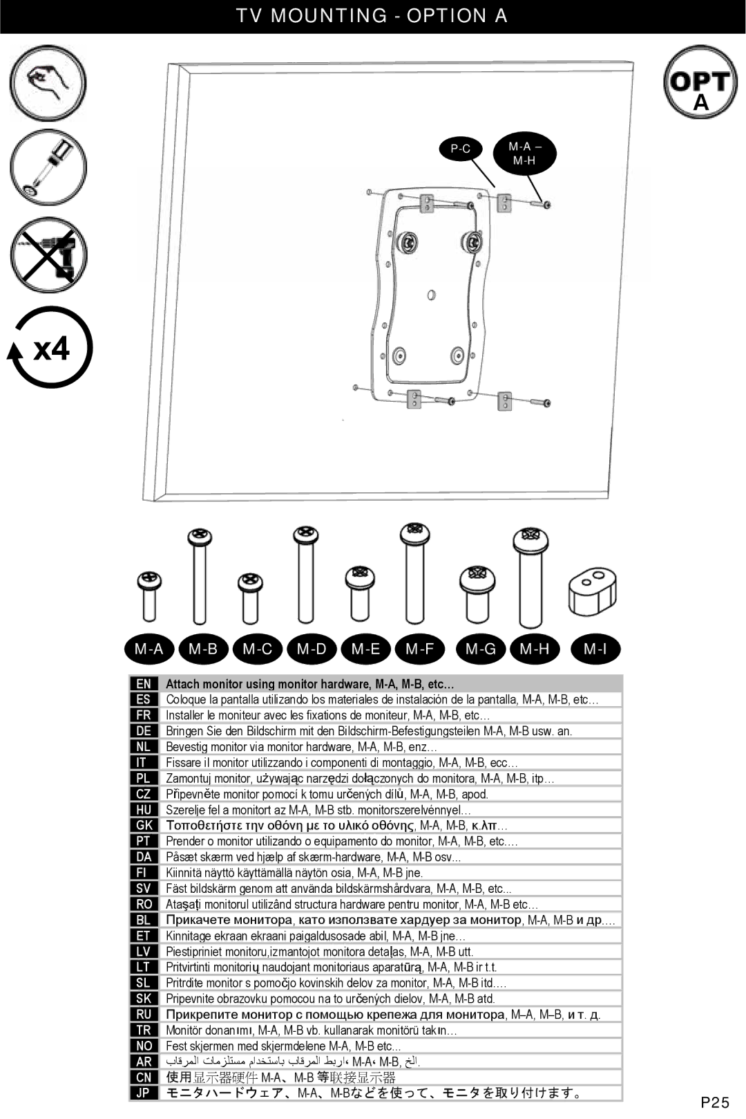 Omnimount OM1004107, ULPC-X manual TV Mounting Option a, Attach monitor using monitor hardware, M-A, M-B, etc… 