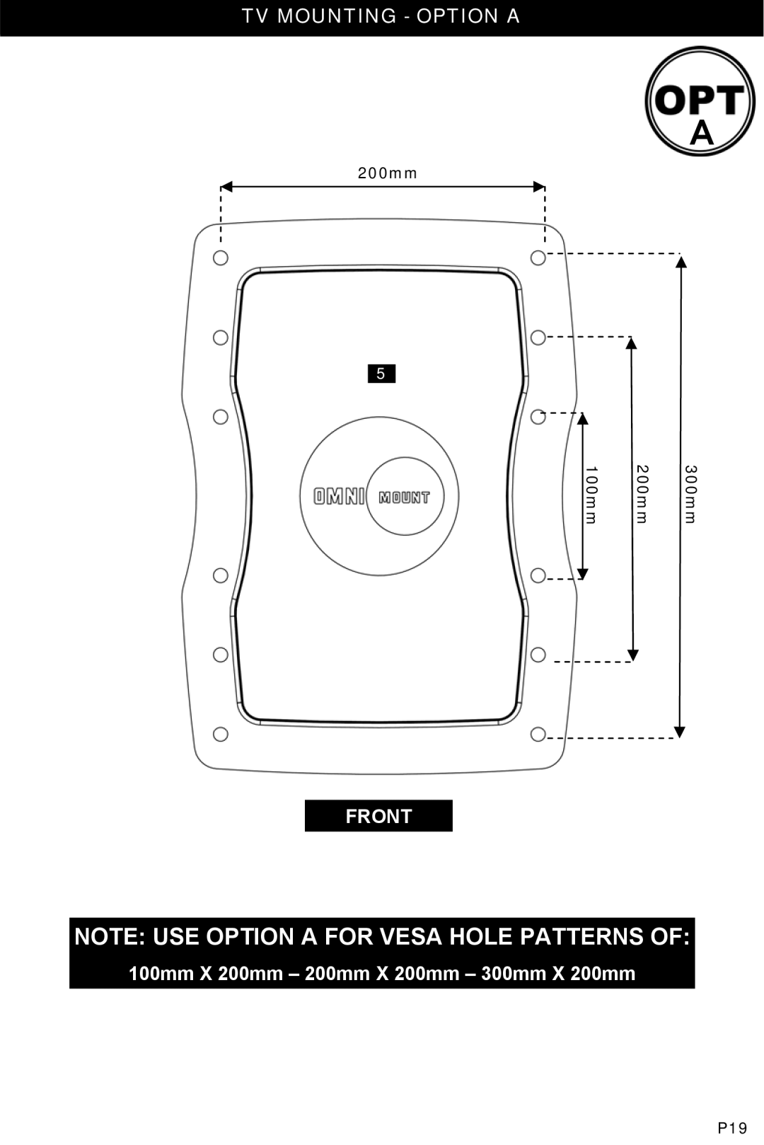 Omnimount OM1004107 Note Use Option A For Vesa Hole Patterns Of, Televisimountingmounting- Optionptionsa, Front, 200mm 
