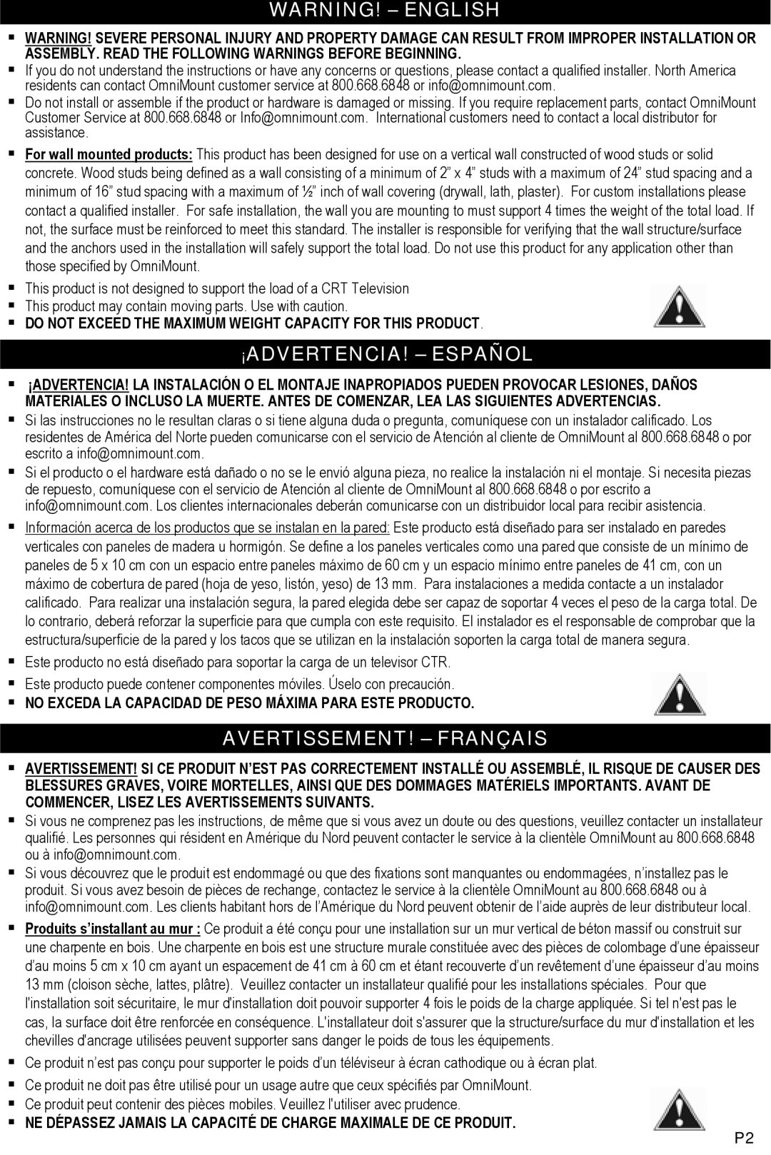 Omnimount ULPC-X, OM1004107 manual Warning! - English, ¡Advertencia! - Español, Avertissement! - Français 