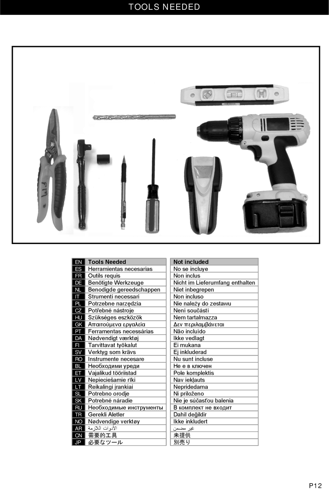 Omnimount ULPF-L, 10050 manual Tools Needed, 需要的工具, 必要なツール, Not included 