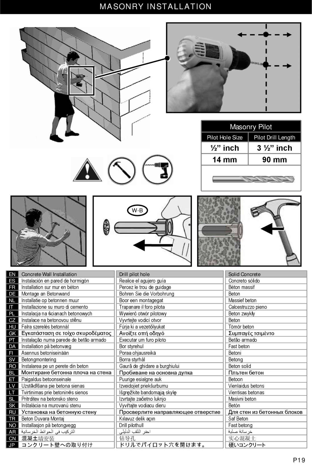 Omnimount 10050, ULPF-L manual Masonry Pilot, 混凝土墙安装, コンクリート壁への取り付け, Solid Concrete 