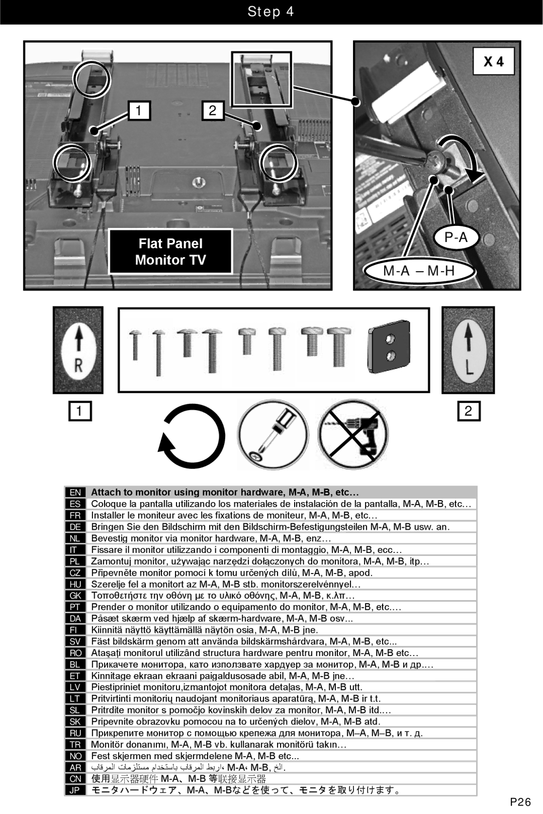 Omnimount ULPF-L, 10050 manual Step Flat Panel Monitor TV, Attach to monitor using monitor hardware, M-A, M-B, etc… 