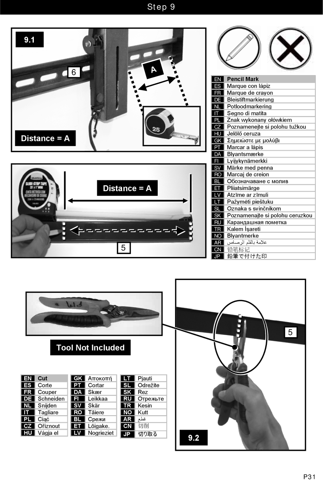 Omnimount 10050, ULPF-L manual Distance = a, Tool Not Included, 鉛筆で付けた印, 切り取る 