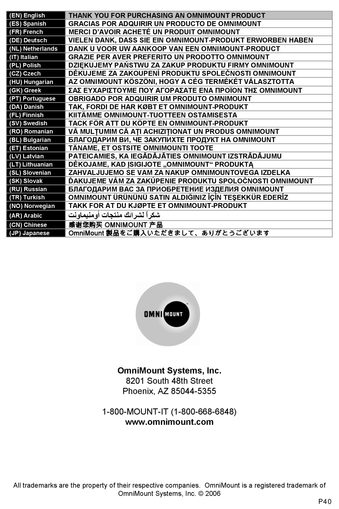 Omnimount ULPF-L, 10050 manual OmniMount Systems, Inc 