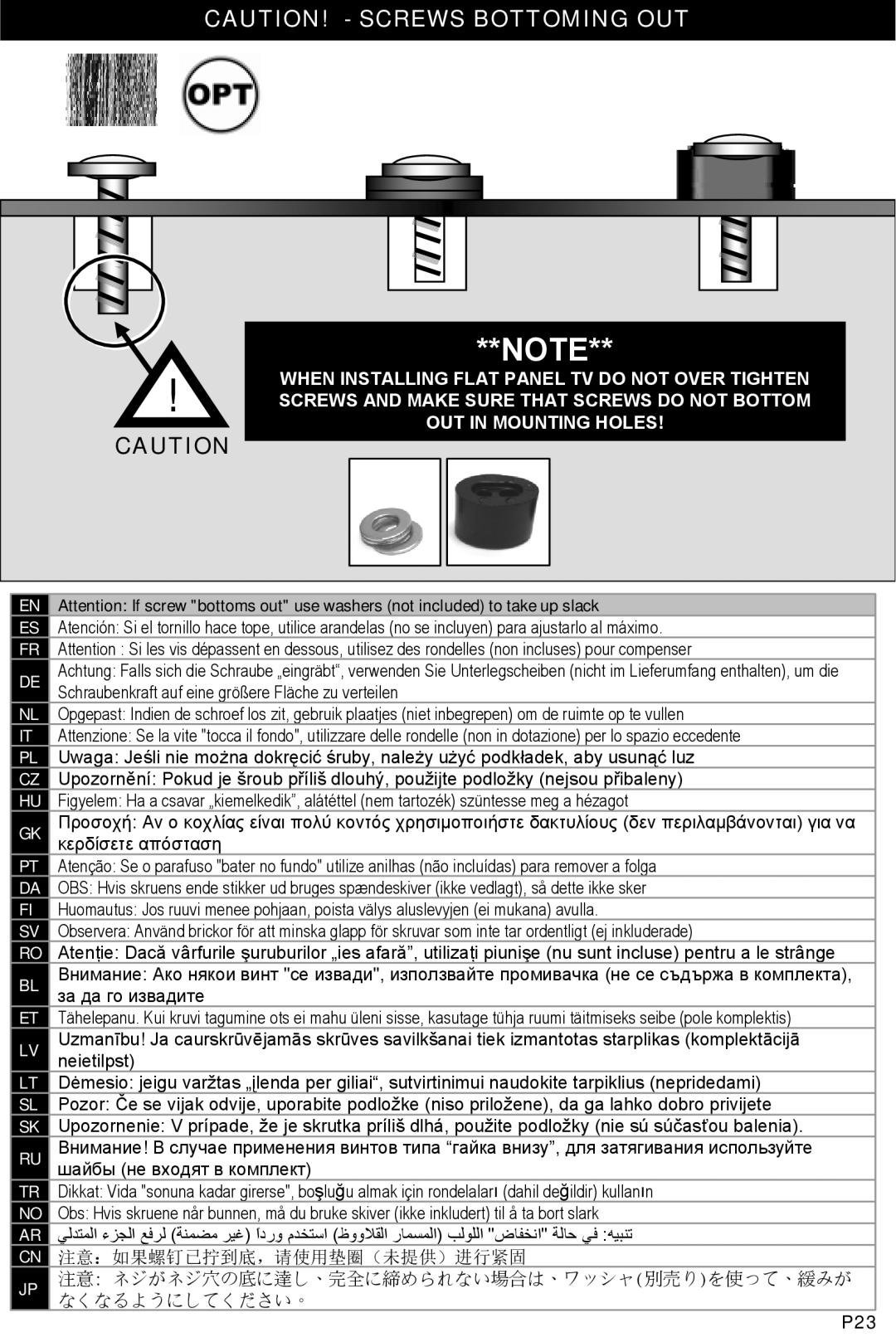 Omnimount 10048, ULPF-M manual 注意：如果螺钉已拧到底，请使用垫圈（未提供）进行紧固 