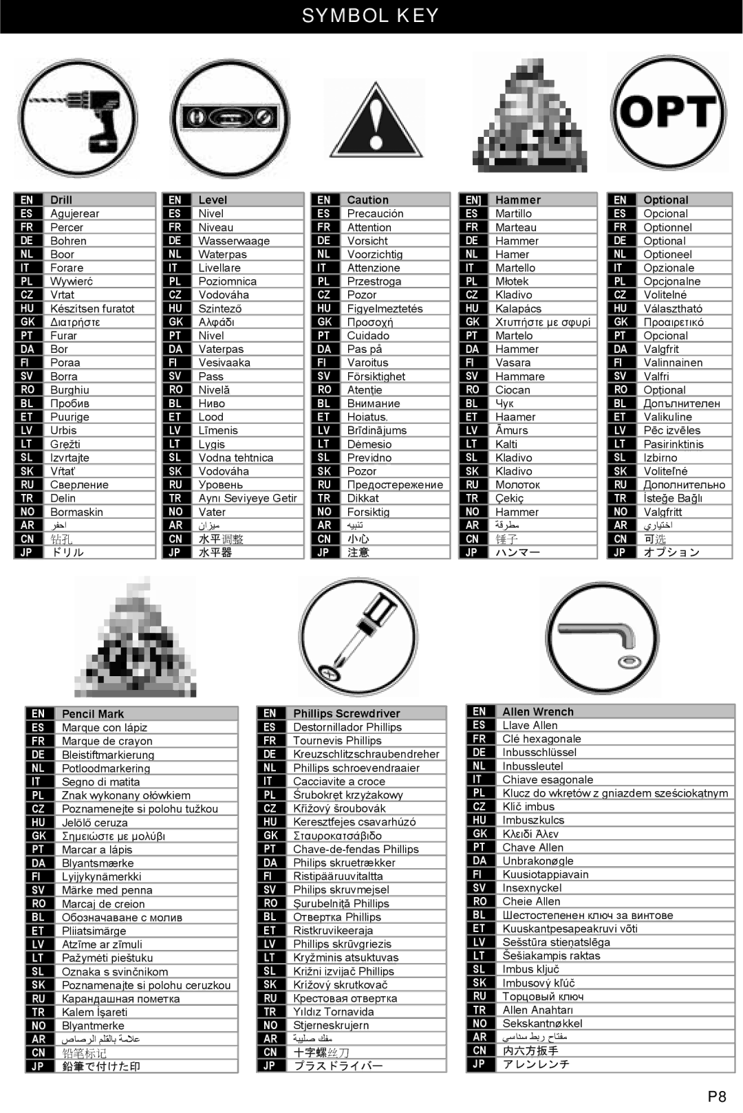 Omnimount ULPF-X, UL10052 manual Symbol KEY, 水平调整 ドリル 水平器 ハンマー オプション 