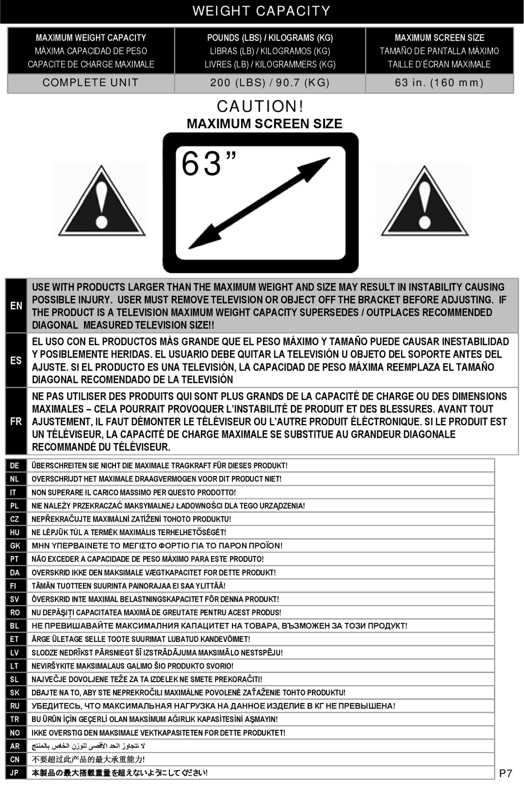 Omnimount OM10051, ULPT-L manual Weight Capacity, Maximum Screen Size 