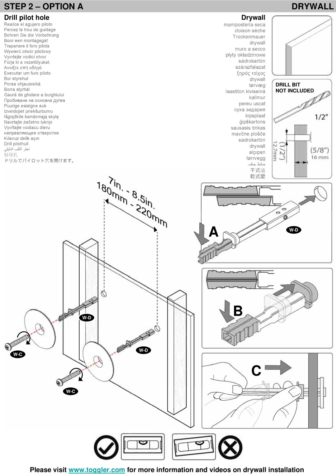 Omnimount VB60LED instruction manual Drywall, Drill pilot hole 