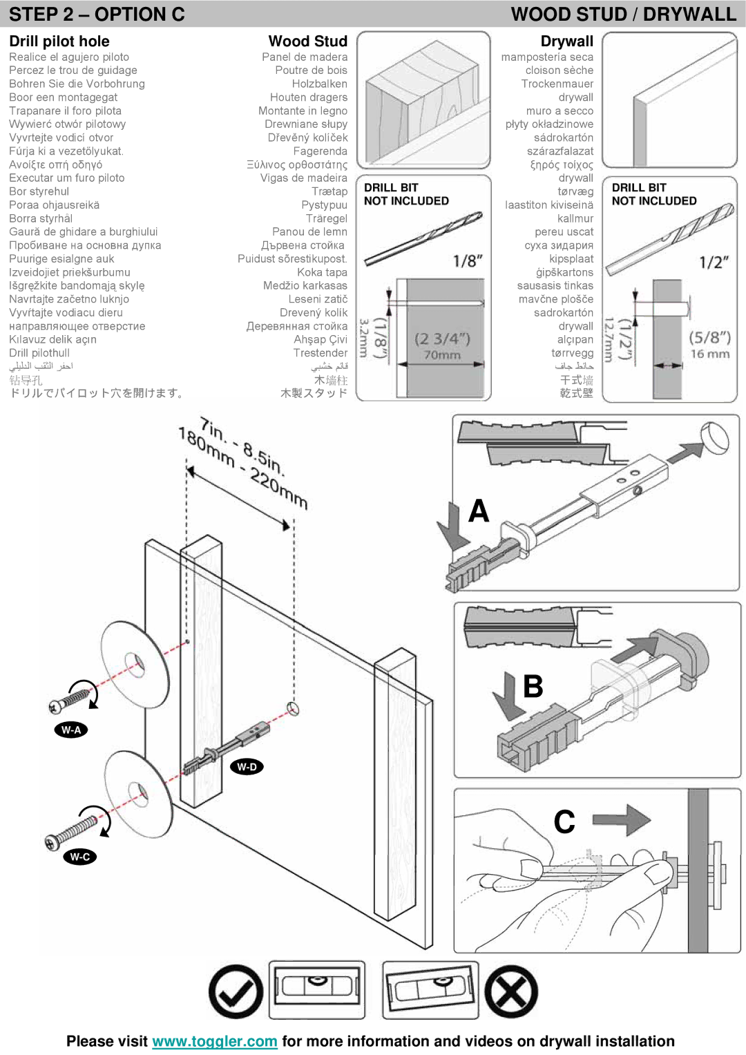 Omnimount VB60LED instruction manual Option C Wood Stud / Drywall, Drill pilot hole Wood Stud Drywall 