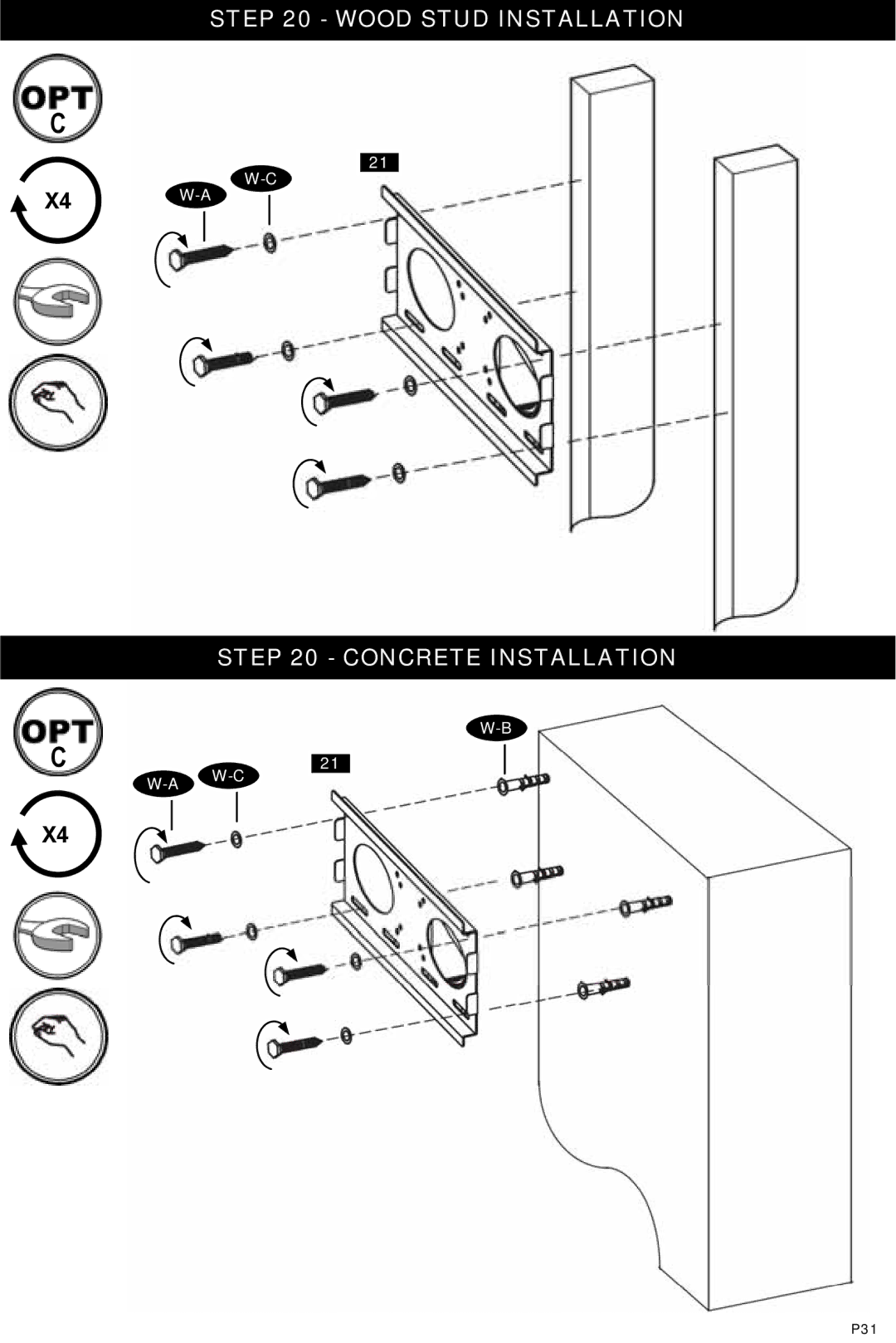 Omnimount Verona 37FP instruction manual Wood Stud Installation Concrete Installation 