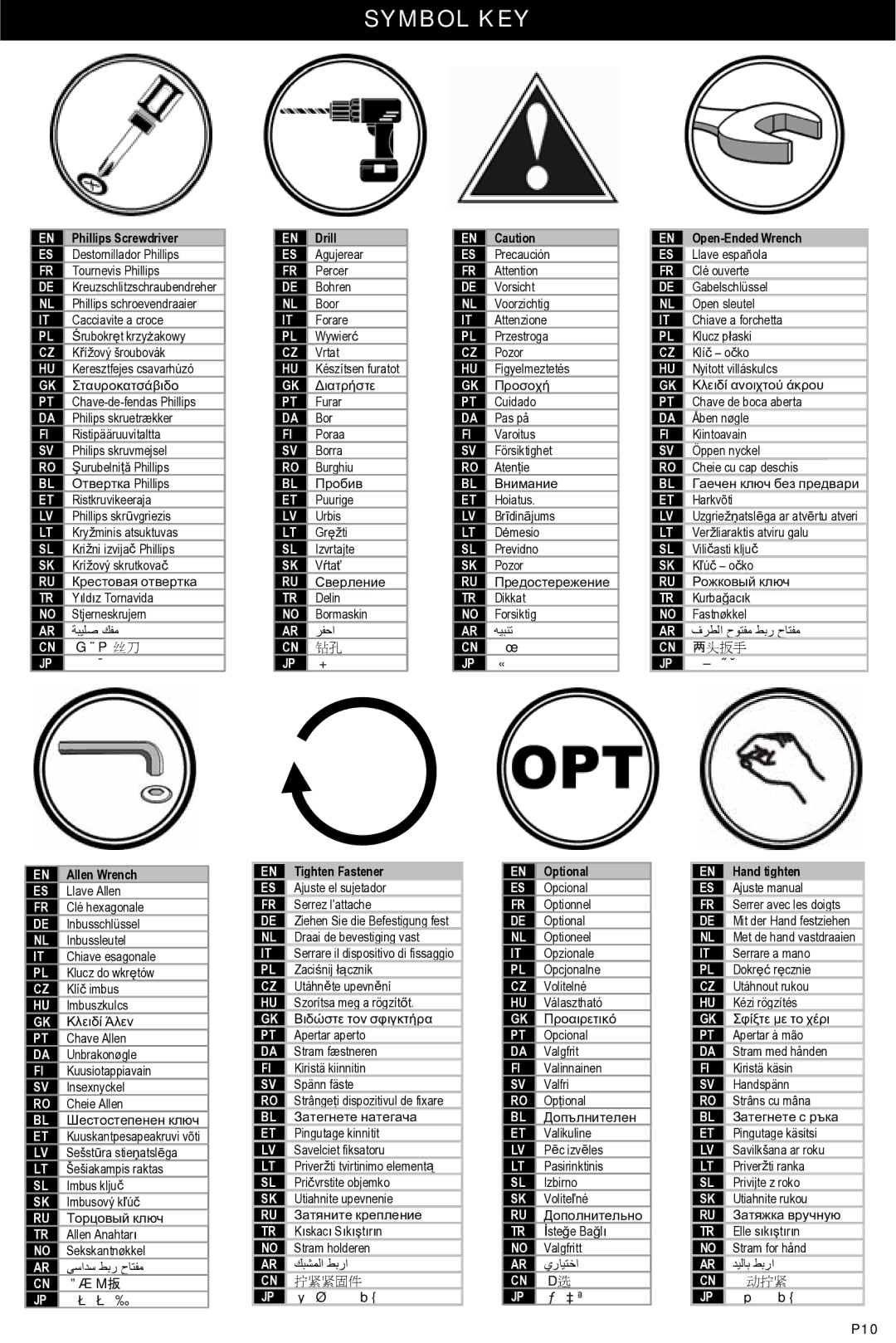 Omnimount Verona 47FP manual Symbol KEY, Phillips Screwdriver Drill Open-Ended Wrench 