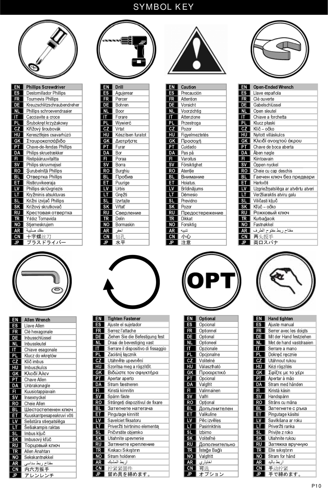 Omnimount Verona 55FP manual Symbol KEY, Phillips Screwdriver Drill Open-Ended Wrench 