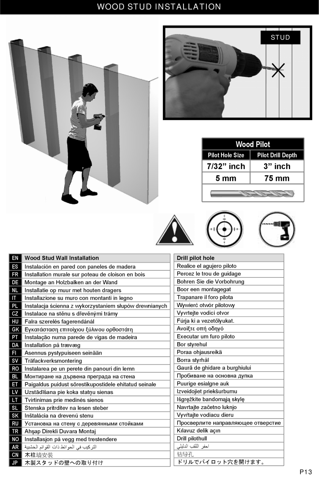 Omnimount VIDEOBASICS-VFL manual Wood Pilot, Inch 75 mm, Drill pilot hole 