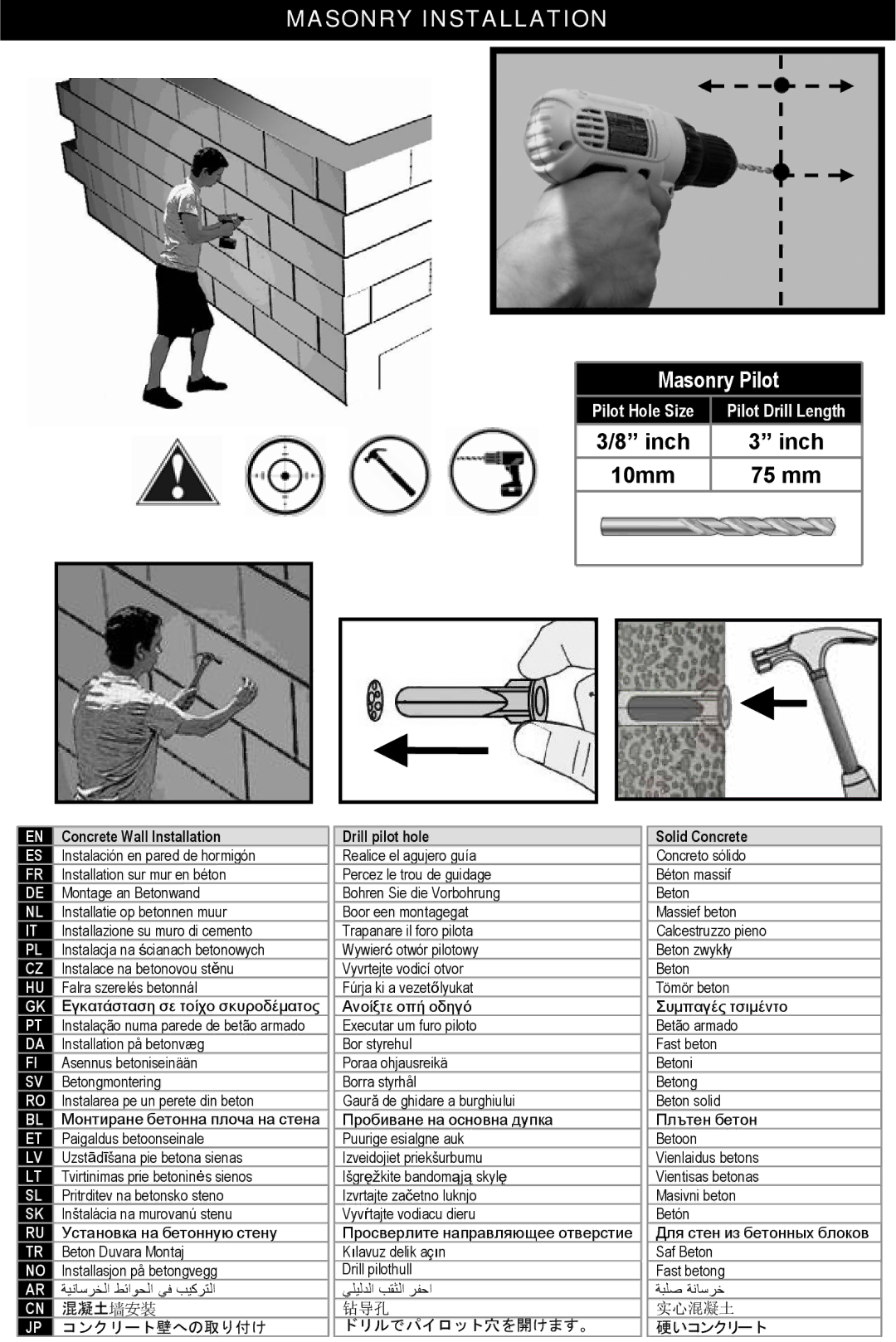 Omnimount VIDEOBASICS-VFL manual Masonry Pilot, Inch 10mm 75 mm, Solid Concrete 