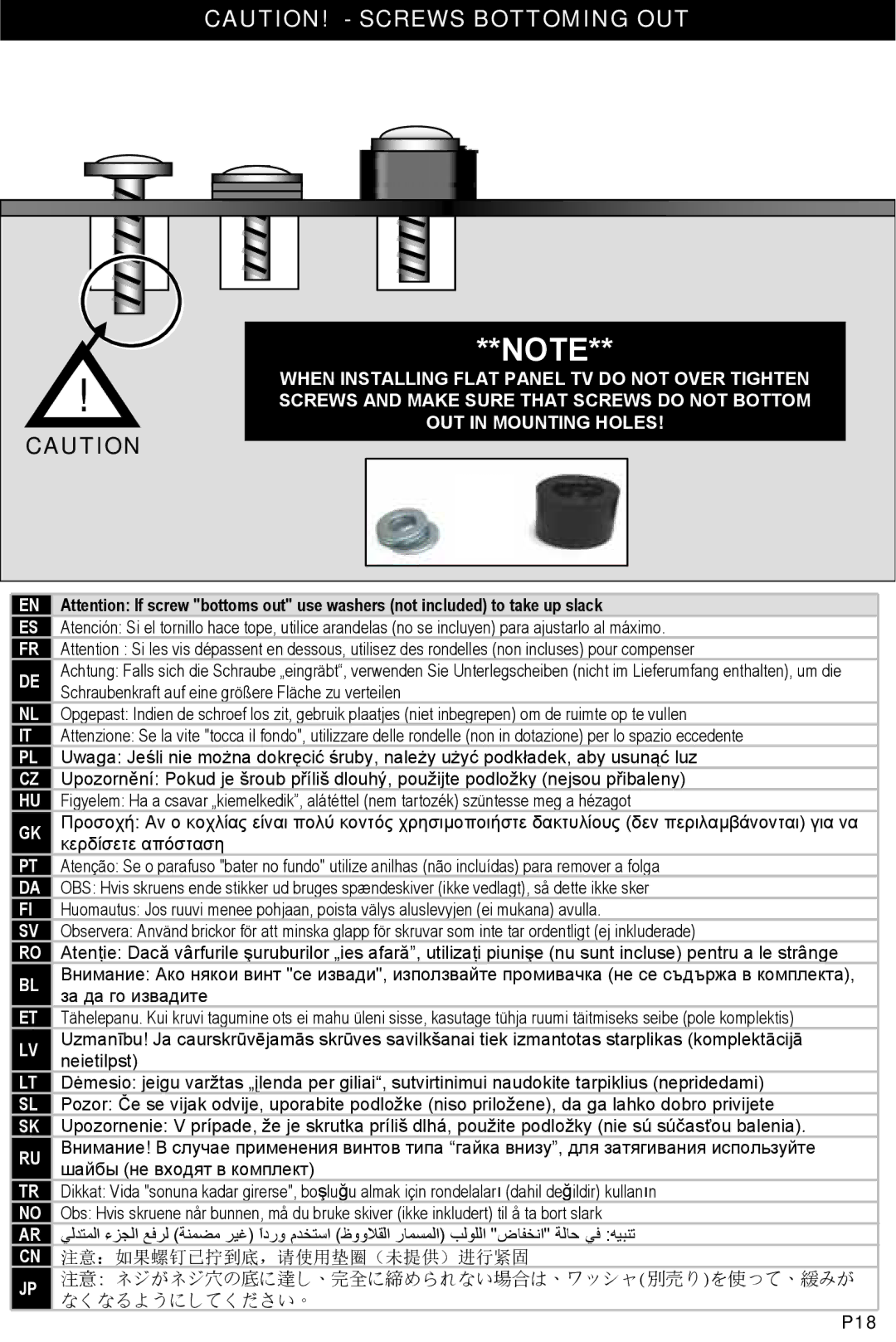 Omnimount VIDEOBASICS-VFL manual 注意：如果螺钉已拧到底，请使用垫圈（未提供）进行紧固 