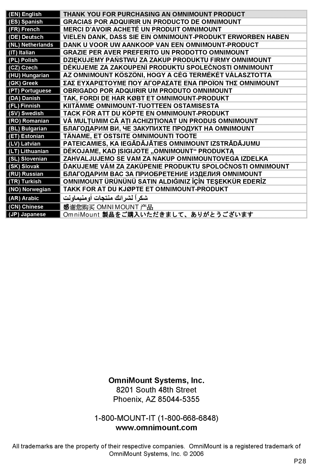 Omnimount VIDEOBASICS-VFL manual OmniMount Systems, Inc, South 48th Street Phoenix, AZ MOUNT-IT 