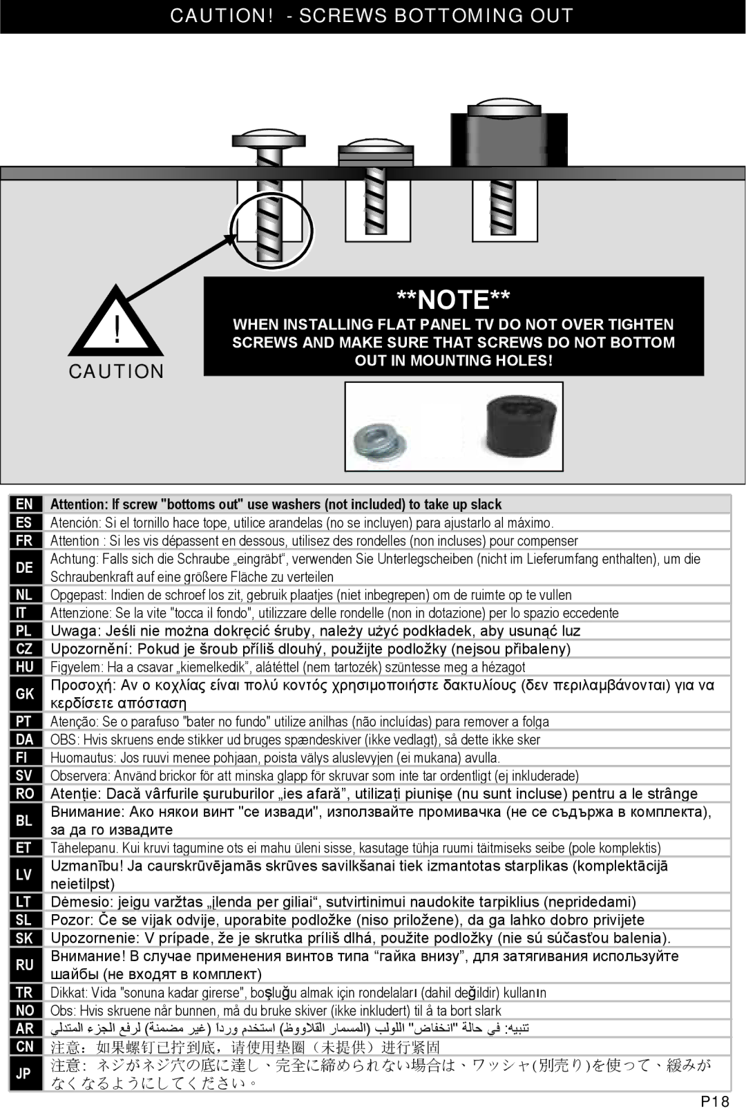 Omnimount VIDEOBASICS-VFM, 10321 manual 注意：如果螺钉已拧到底，请使用垫圈（未提供）进行紧固 