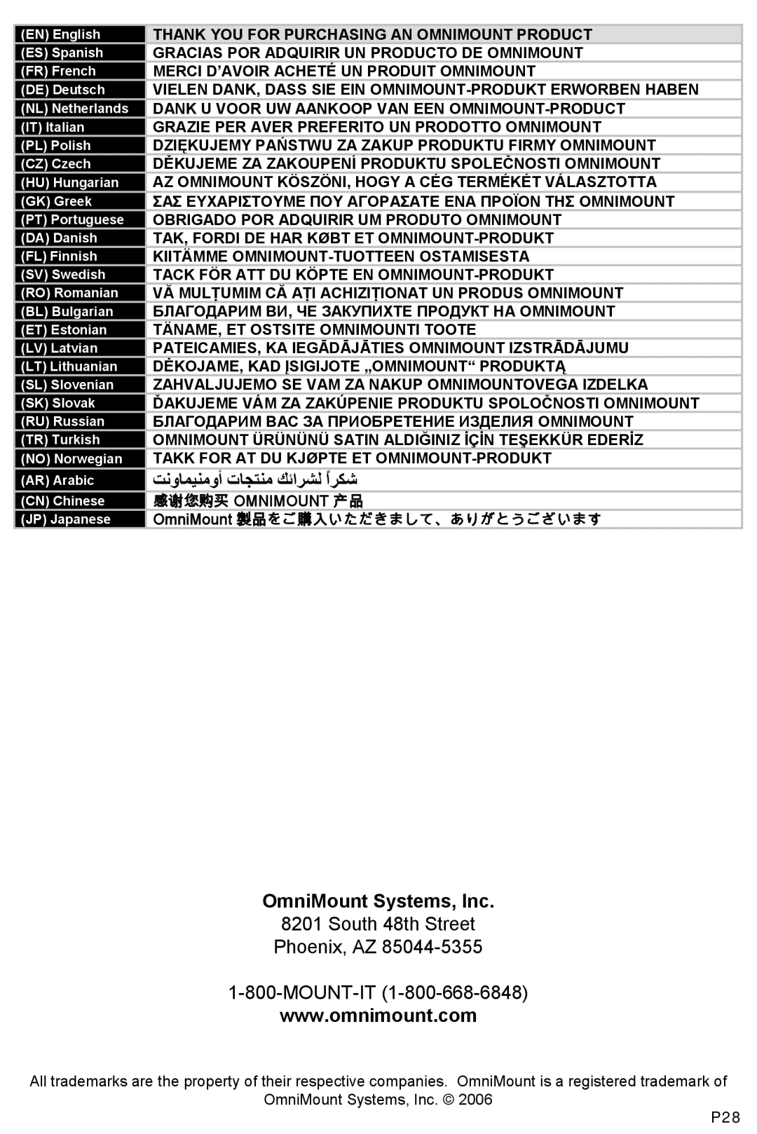 Omnimount VIDEOBASICS-VFM, 10321 manual OmniMount Systems, Inc, South 48th Street Phoenix, AZ MOUNT-IT 