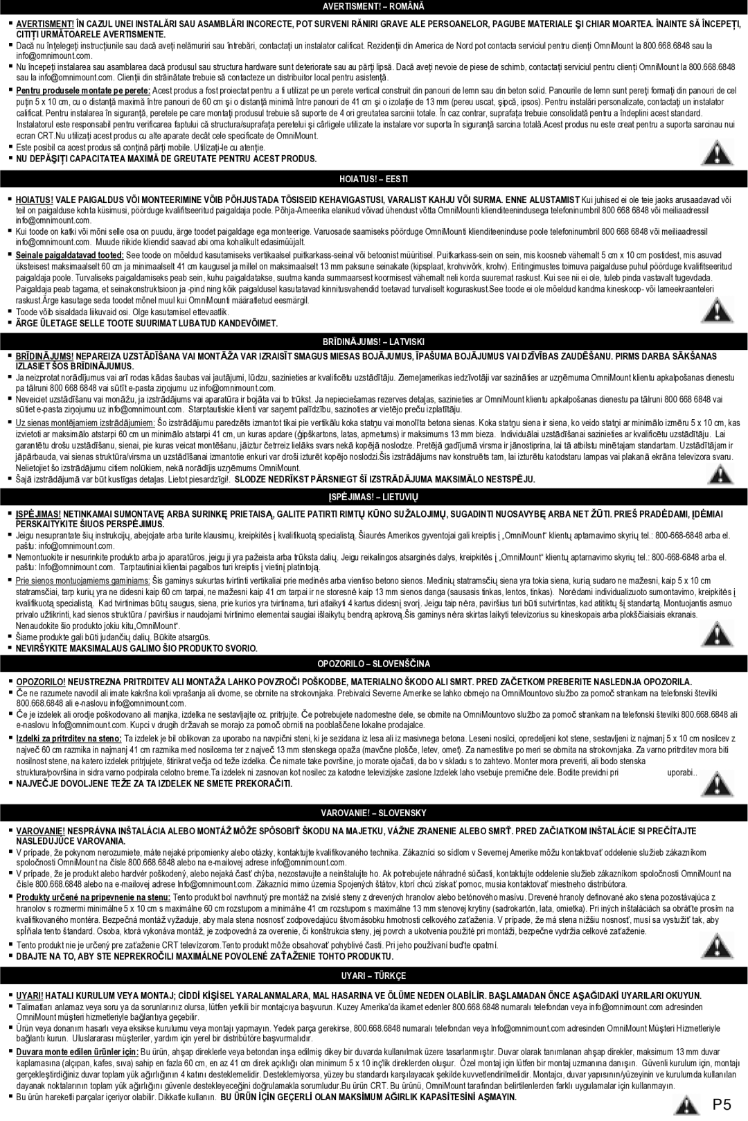 Omnimount WM1-M manual AVERTISMENT! Română 