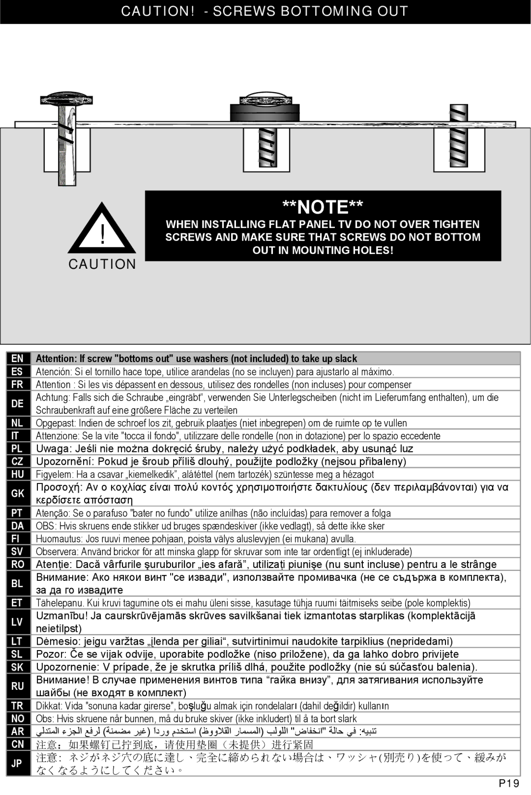 Omnimount WM2-L manual 注意：如果螺钉已拧到底，请使用垫圈（未提供）进行紧固 