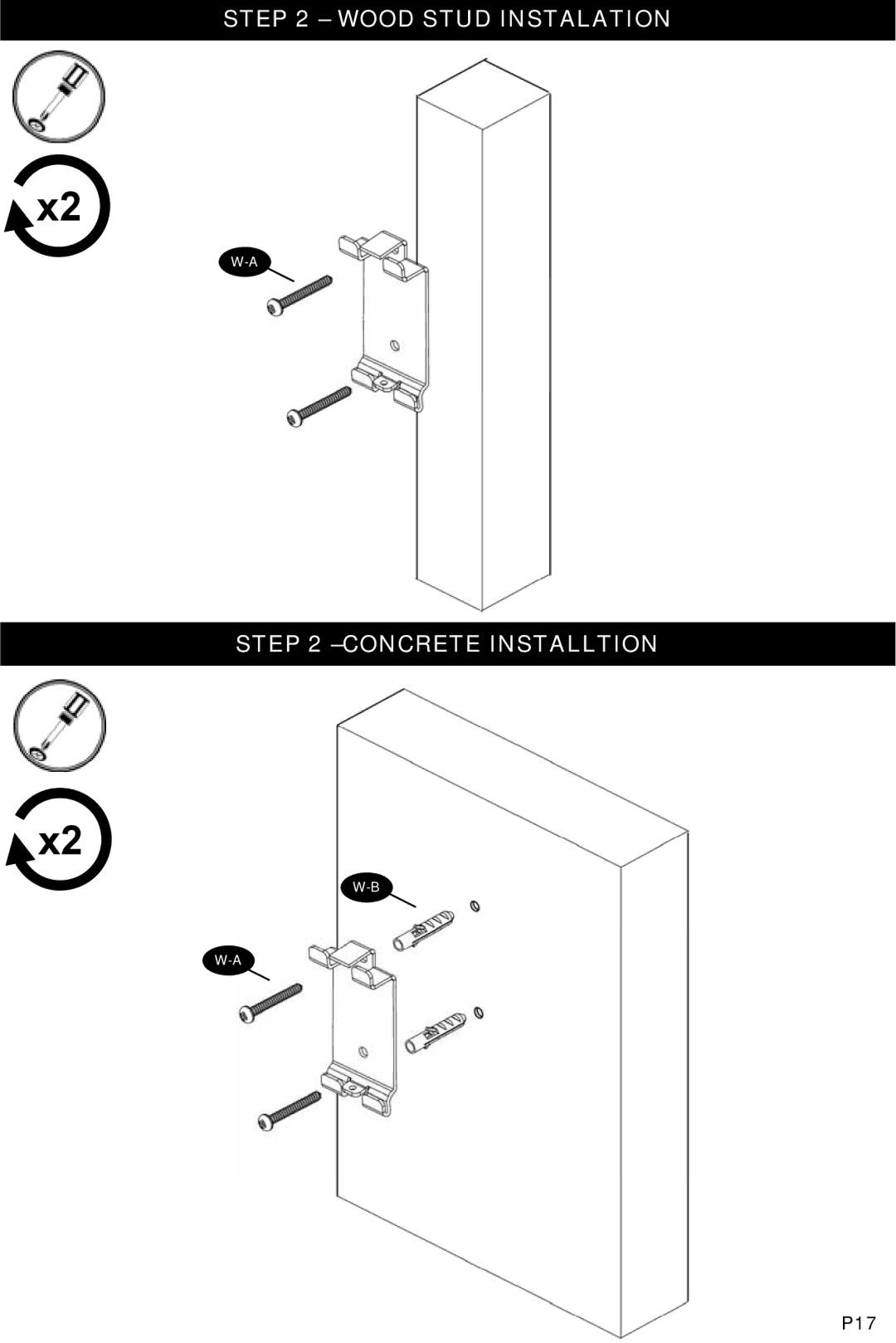 Omnimount WM2-S manual Wood Stud Instalation Concrete Installtion 