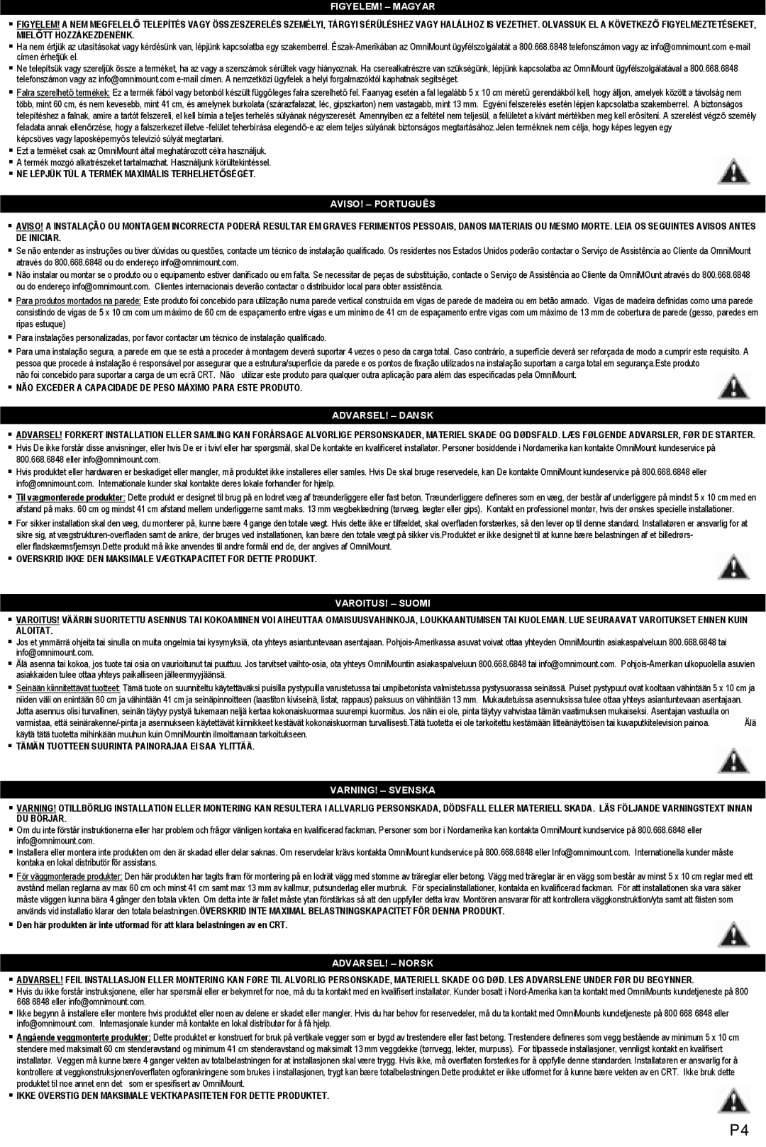 Omnimount WM4-L instruction manual FIGYELEM! Magyar 