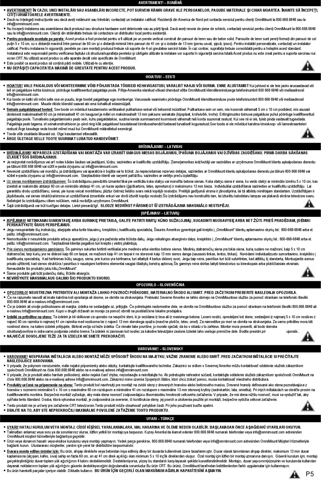 Omnimount WM4-L instruction manual AVERTISMENT! Română 